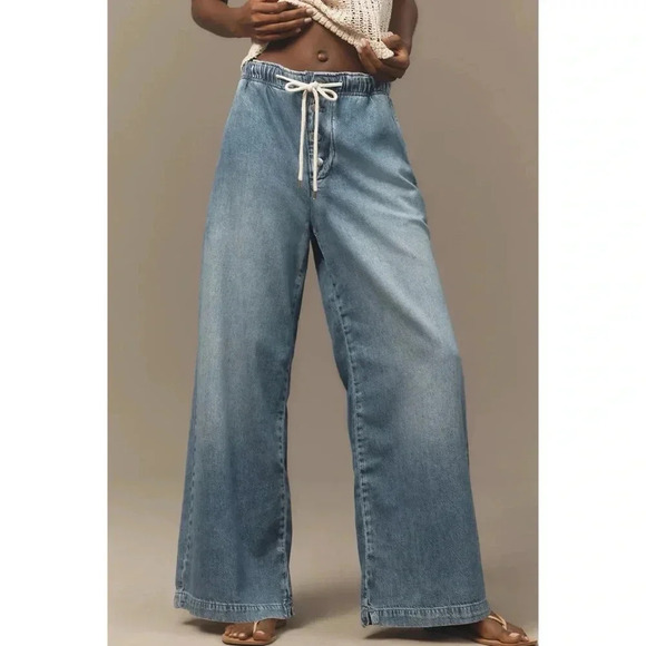 New Anthropologie Pilcro Drawstring Pull-On Wide-Leg Jeans Denim Blue XXS - Picture 1 of 13